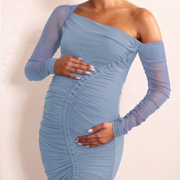 Club L London SWEET DREAMS POWDER BLUE MATERNITY ASYMMETRIC RUCHED DRESS Sz 4 - Picture 3 of 9